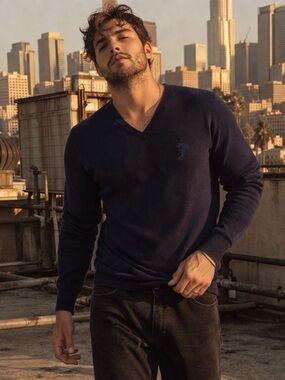 Versace Collection Wool V Neck Sweater Navy Medusa Logo Size L Worn Twice